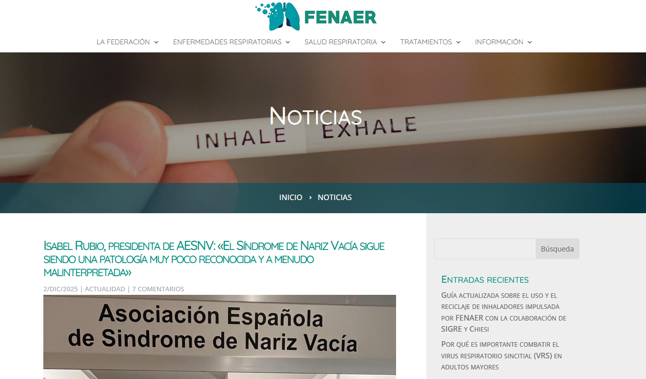 AESNV se integra oficialmente en FENAER para reforzar la visibilidad del Síndrome de Nariz Vacía en España