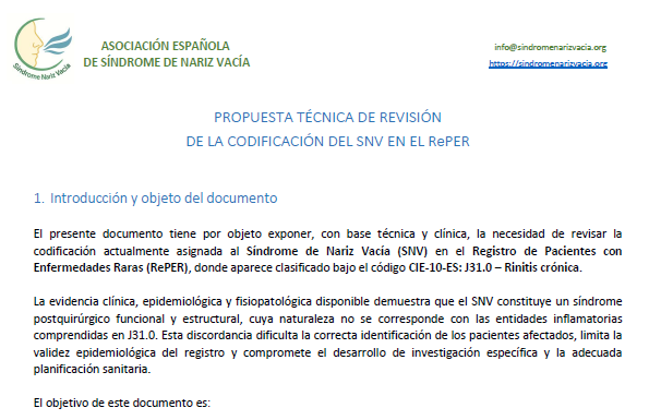 AESNV presenta una propuesta técnica para la reclasificación del Síndrome de Nariz Vacía en la CIE-10-ES y el Registro de Pacientes de Enfermedades Raras (RePER)