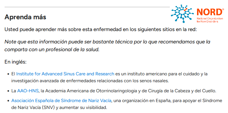 AESNV inicia contacto con NORD y es incorporada como recurso oficial en su ficha del Síndrome de Nariz Vacía
