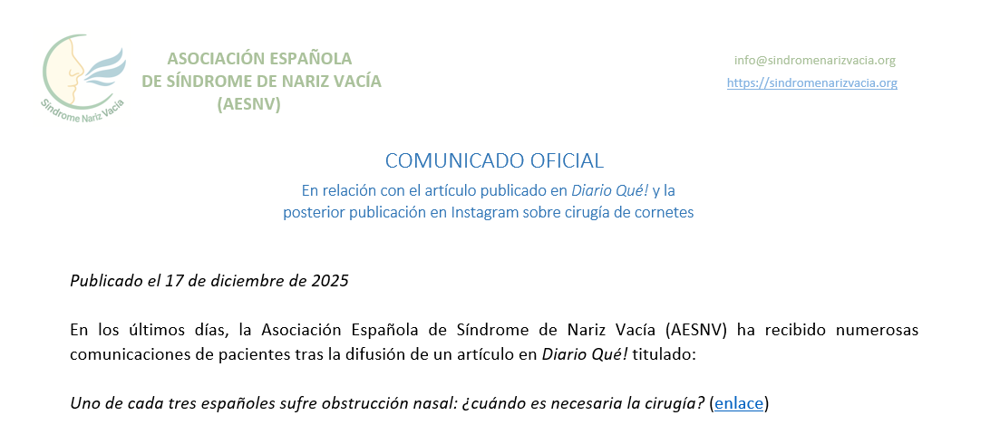 Comunicado oficial de la AESNV sobre la información publicada acerca de la cirugía de cornetes